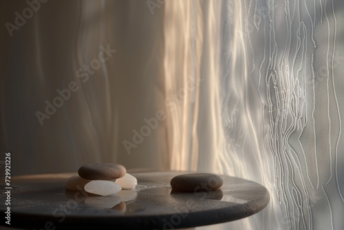 pumice stones on platform, shower curtain partially blurred photo