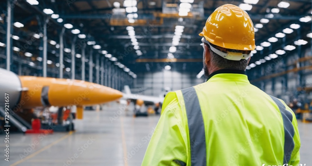 A man in a protective vest and hard hat visits an aircraft factory. Low light. Back view. A man in a protective vest and hard hat visits an aircraft factory. Low light. Back view.