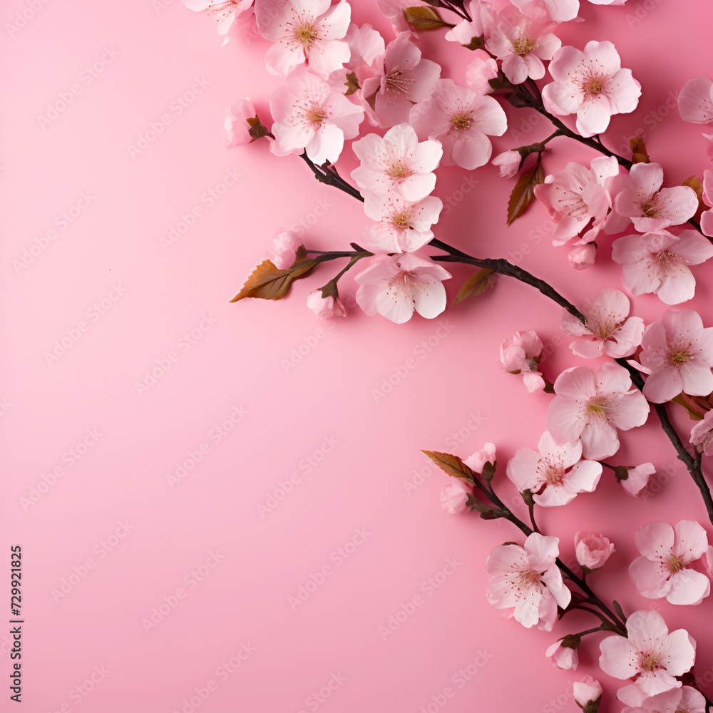 Twig cherry blossoms on pink backgrounds