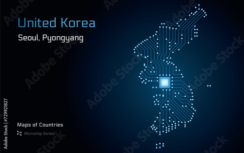 United Korea Map with a capital of Seoul, Pyongyang Shown in a Microchip Pattern with processor. E-government. World Countries vector maps. Microchip Series 