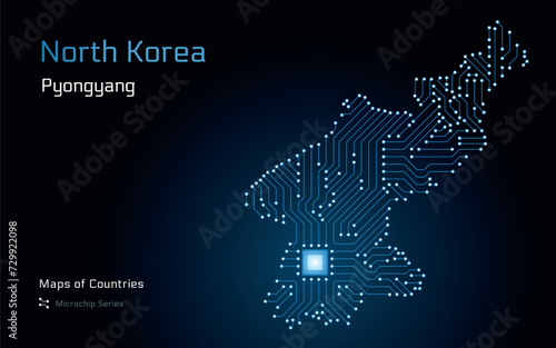 North Korea Map with a capital of Pyongyang Shown in a Microchip Pattern with processor. E-government. World Countries vector maps. Microchip Series 