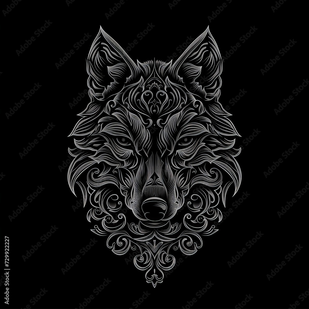 Obraz premium Flat logo wolf ornate art style on a black background. Ornate art style.