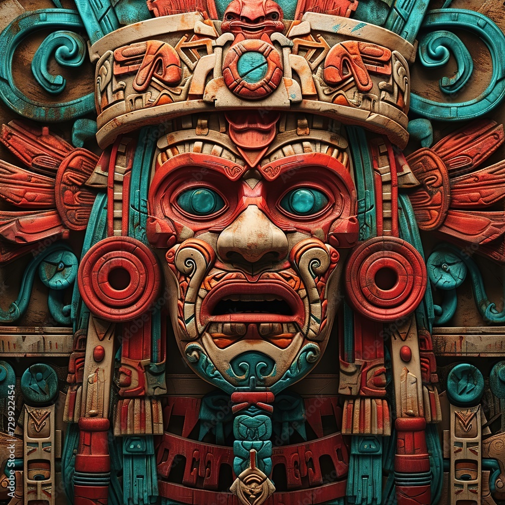 Wooden mask in the style of the Aztec, 3D illustration, Ai Generated