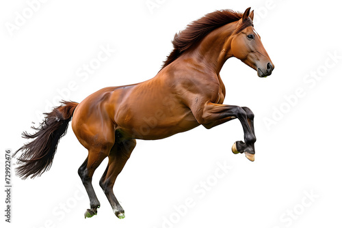 Elegant and beautiful brown horse is running and jumping on transparent background PNG.