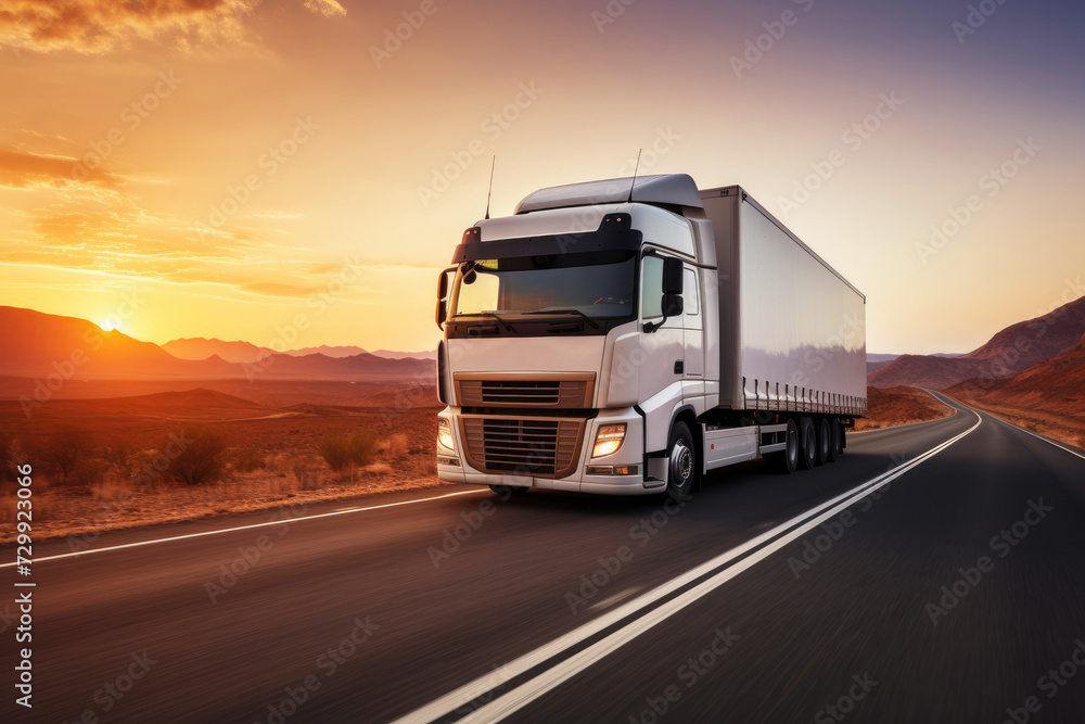 A semi truck is captured driving down a highway as the sun sets in the background.