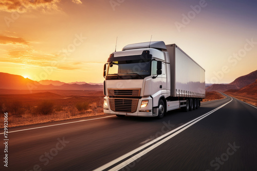 A semi truck is captured driving down a highway as the sun sets in the background.