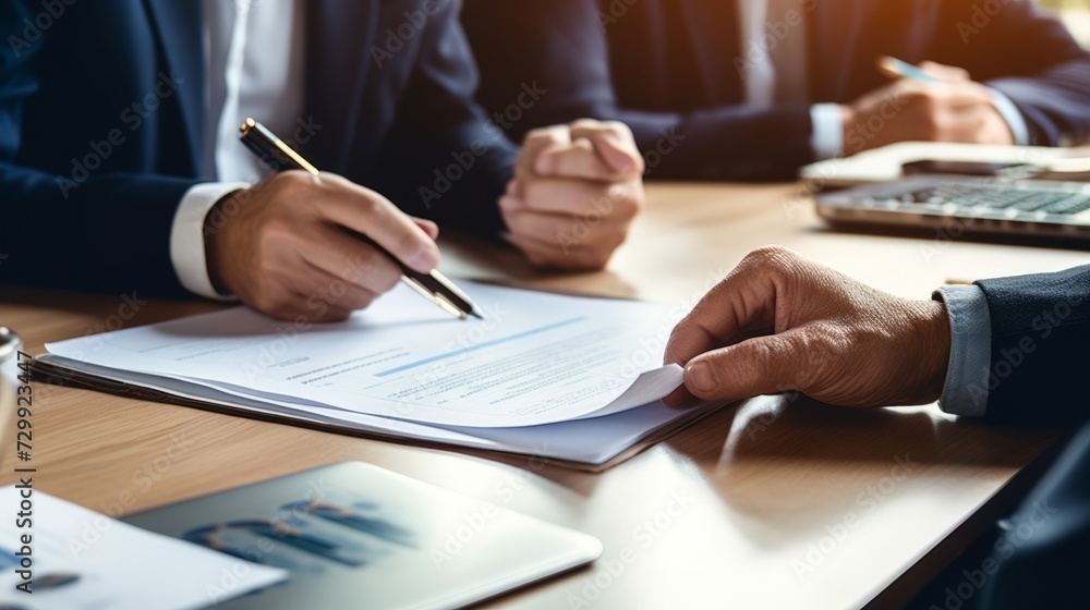 Close-up cropped photo of business people at an office desk. Partners sign paper documents. Close-up cropped photo of business people at an office desk. Partners sign paper documents.