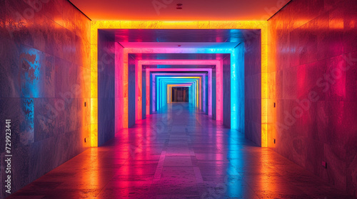 A vibrant hallway lined with minimalist artwork and illuminated by strategically placed colorful lighting fixtures.