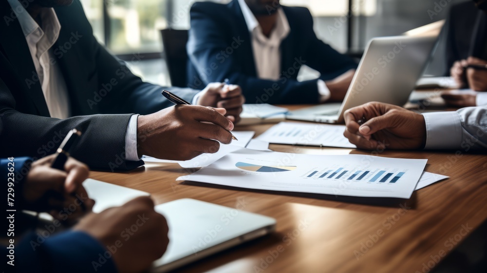 Close-up cropped photo of a meeting of businessmen in the office. Men wearing suits work with a laptop. with papers and a pen at the table.