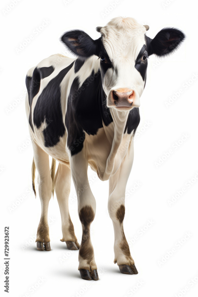 Black and white cow standing on white background with black nose.