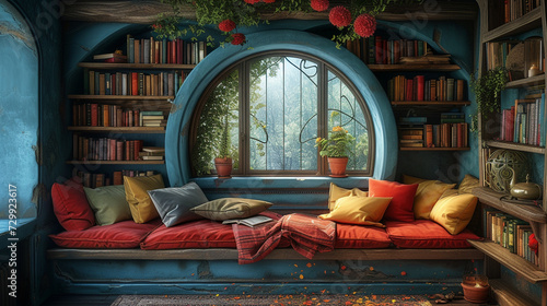 A cozy reading nook adorned with plush cushions and shelves filled with books, accented by splashes of bold hues.