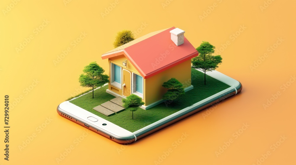 Small home on a mobile phone 3D minimalist render, Smart home control system AI automation via mobile phone, IoT Internet of things, modern Artificial intelligence powered smart home, Generative AI Small home on a mobile phone 3D minimalist render, Smart home control system AI automation via mobile phone, IoT Internet of things, modern Artificial intelligence powered smart home, Generative AI
