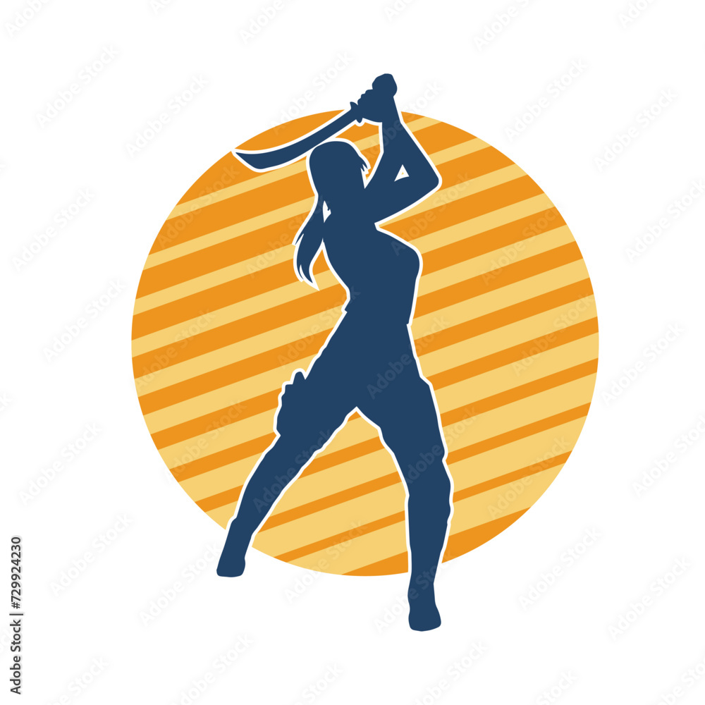 Silhouette of a female fighter in action pose carrying sword weapon.