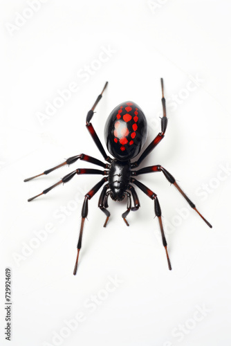 Black and red spider with red spots on its body and legs.