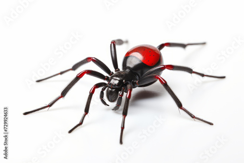 Red and black spider with red head on white background.