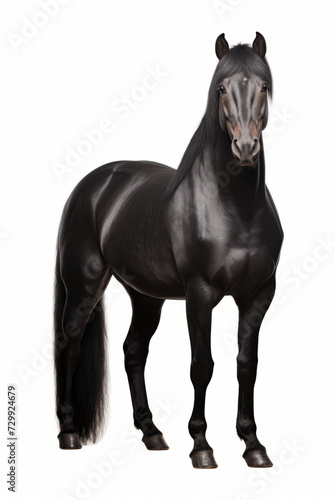 Black horse standing on white background with long mane.