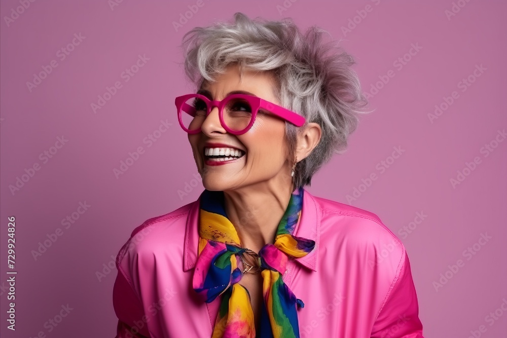 Portrait of a happy senior woman in pink glasses over pink background Portrait of a happy senior woman in pink glasses over pink background