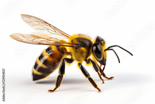 Bee with yellow and black striped body and black legs. © VISUAL BACKGROUND