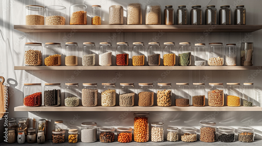 A minimalist pantry with neatly labeled glass jars filled with grains and pulses, arranged in perfect symmetry on sleek white shelves.