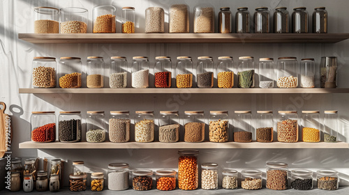 A minimalist pantry with neatly labeled glass jars filled with grains and pulses, arranged in perfect symmetry on sleek white shelves. © AI ARTS