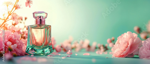 luxury glass or crystal perfume bottle with flowers background in pink green theme as wide banner with copy space area