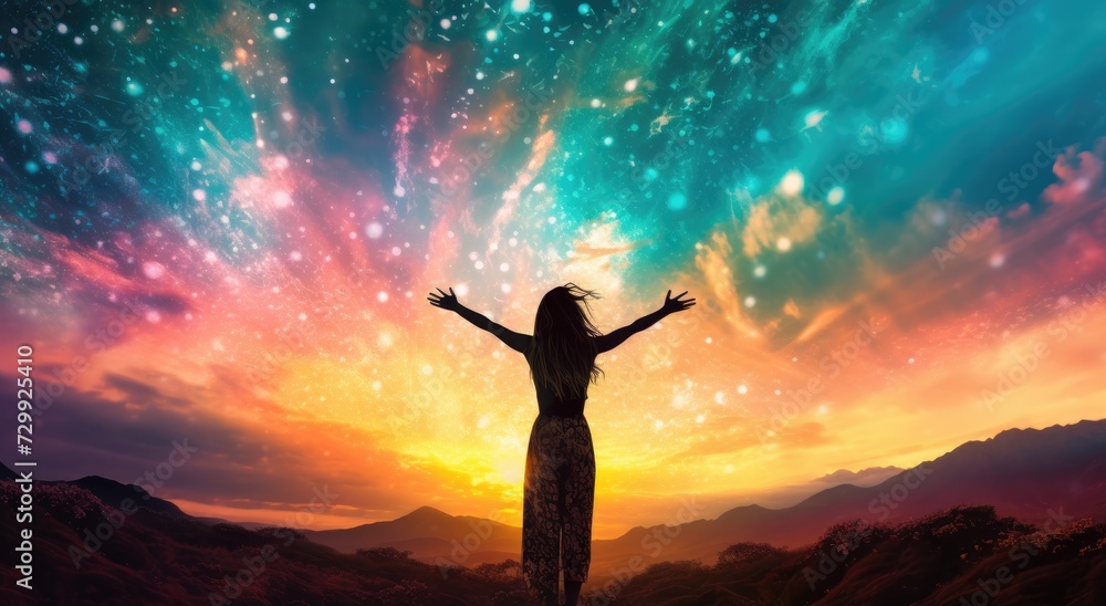 A woman stands against a vibrant backdrop of the sky filled with an array of colors. A woman stands against a vibrant backdrop of the sky filled with an array of colors.