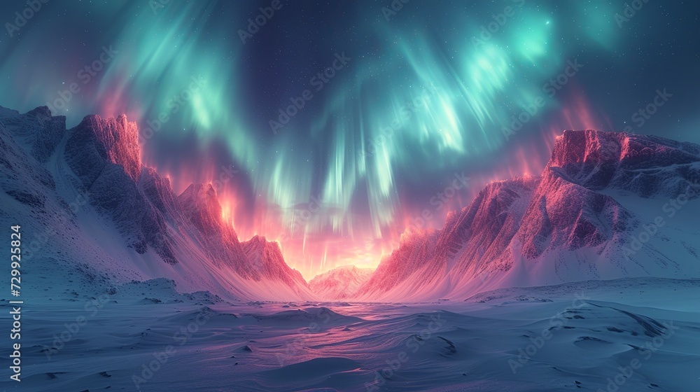 Magical Winter Night with Green and Purple Northern Lights, Low-Angle View Highlights Celestial Display Against Snowy Landscape, Enhanced by a Defocused Aura. Made with Generative AI Technology