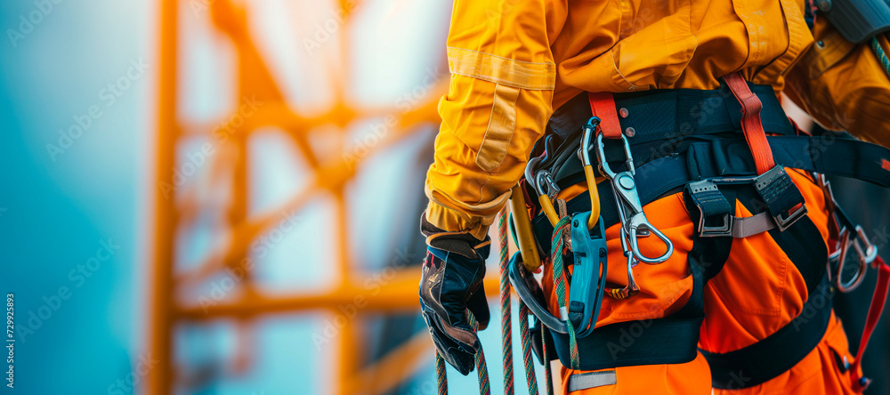 Work on high-altitude equipment. Fall arrest device for worker with safety belt hooks Work on high-altitude equipment. Fall arrest device for worker with safety belt hooks