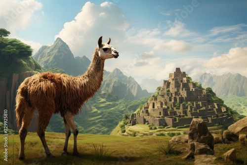 A llama stands confidently in front of a majestic mountain landscape, showcasing the harmonious coexistence of wildlife and nature.