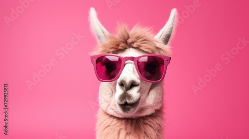 A llama wearing sunglasses stands out against a vibrant pink background.