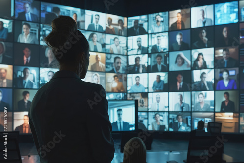 Digital wall with screens featuring various people. Modern global communication and network