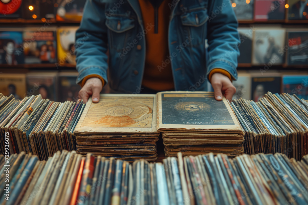 A record store owner playing classic vinyl albums, surrounded by an ...