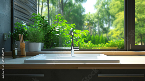 A clean  uncluttered kitchen sink with a sleek chrome faucet  overlooking a panoramic view of lush greenery through a large window.