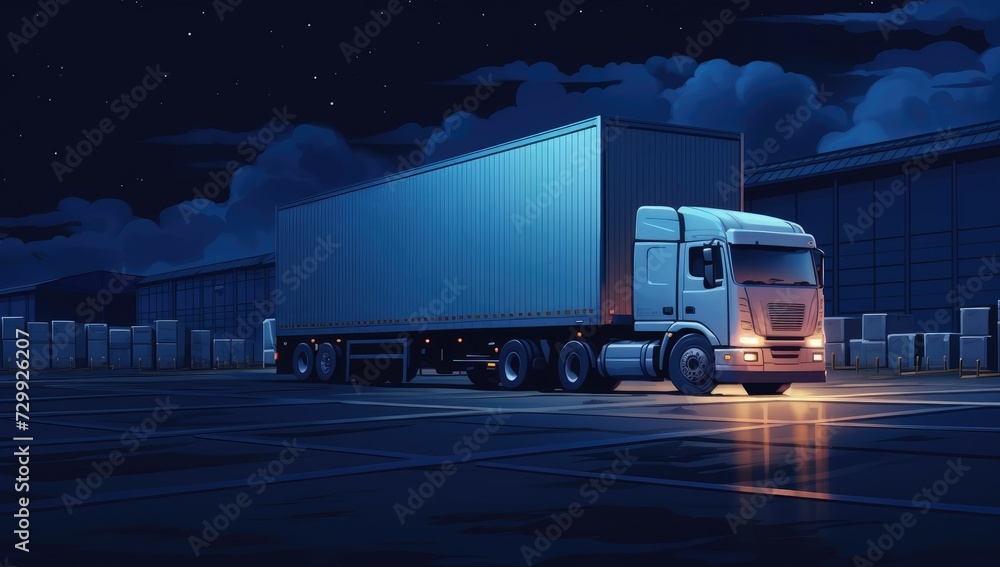 A semi truck is parked in a parking lot during the night, illuminated by the surrounding streetlights and casting shadows.