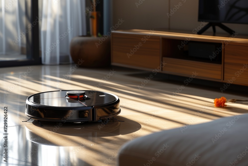 Robot vacuum cleaner, in a minimalist luxury living room, beautiful soft lighting and shadows Robot vacuum cleaner, in a minimalist luxury living room, beautiful soft lighting and shadows
