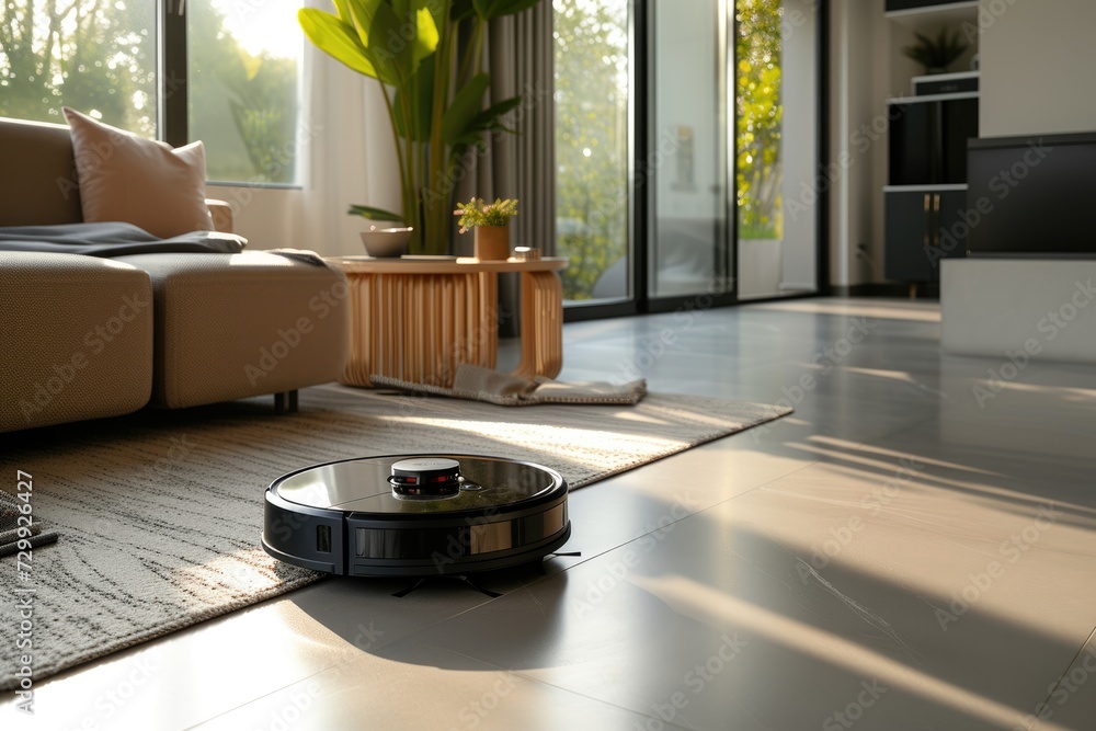 Robot vacuum cleaner, in a minimalist luxury living room, beautiful soft lighting and shadows Robot vacuum cleaner, in a minimalist luxury living room, beautiful soft lighting and shadows