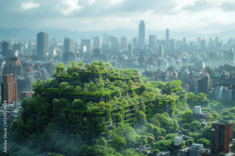 A cityscape with green rooftops and urban gardens, showcasing eco-friendly urban development. Concept of sustainable cities and urban greening. Generative Ai.