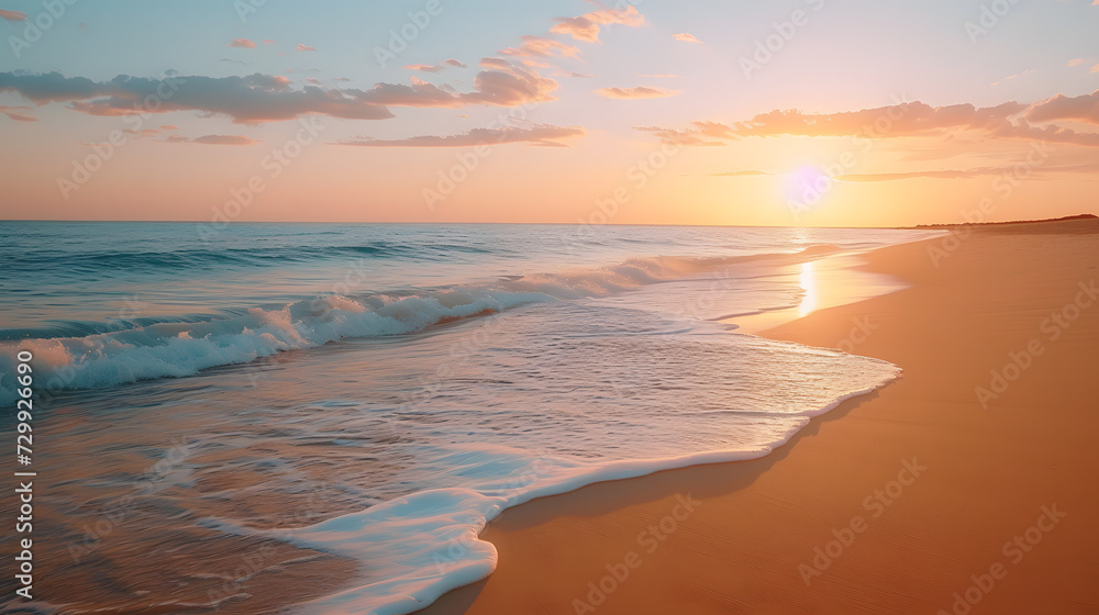 A peaceful beach, with soft sands and calm waves as the background, during a tranquil sunset
