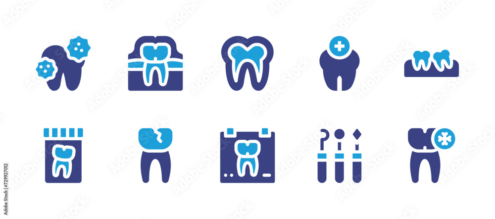 Dental icon set. Duotone color. Vector illustration. Containing tooth, bacteria, teeth, enamel, x rays, sensitivity, tools.