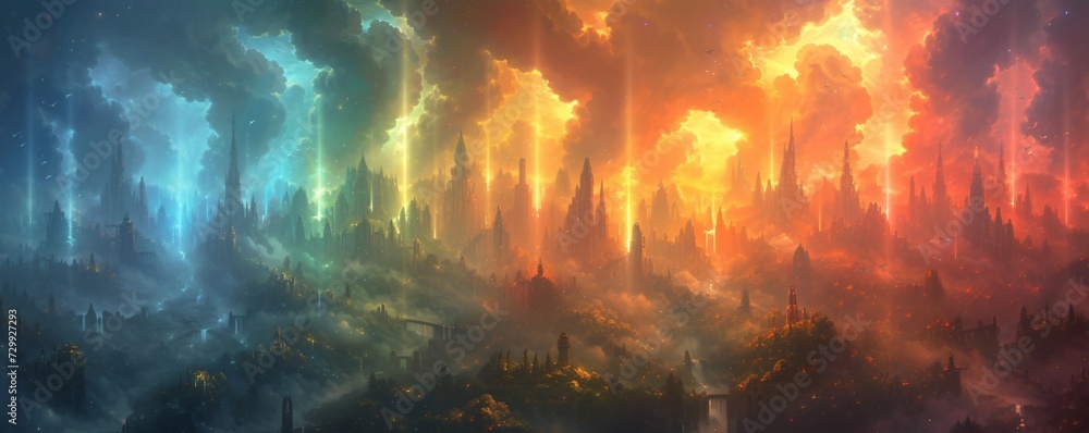 Fantasy World of Clouds and Towers A Magical, Colorful, and Vibrant Artwork Generative AI