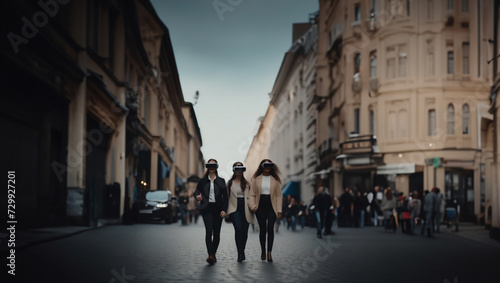 people in the city walk wearing VR glasses augmented reality in everyday life