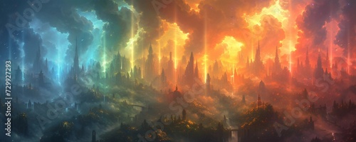 Fantasy World of Clouds and Towers A Magical, Colorful, and Vibrant Artwork Generative AI