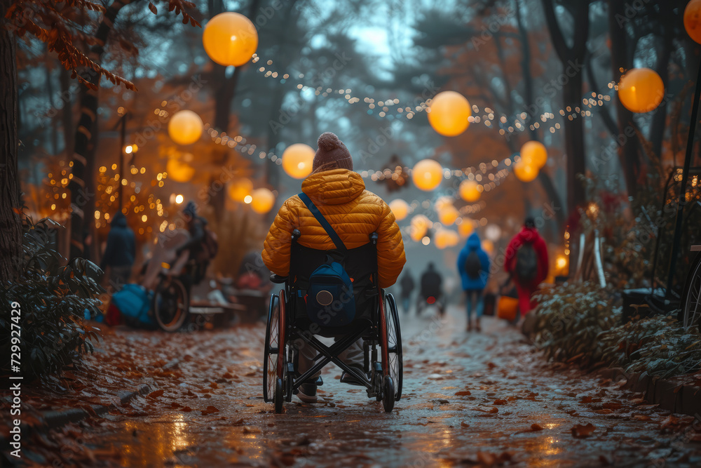 A spontaneous photo of a person with a disability actively participating in a community event. Concept of inclusivity and active participation in society. Generative Ai.