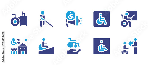 Disability icon set. Duotone color. Vector illustration. Containing blind, disability, loudspeaker, ramp, disabled, disabled people, housing resources, care, workplace, teacher.