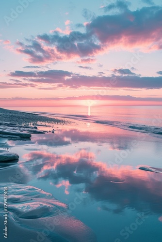 Soft, pastel hues reflecting off a tranquil seascape during twilight.