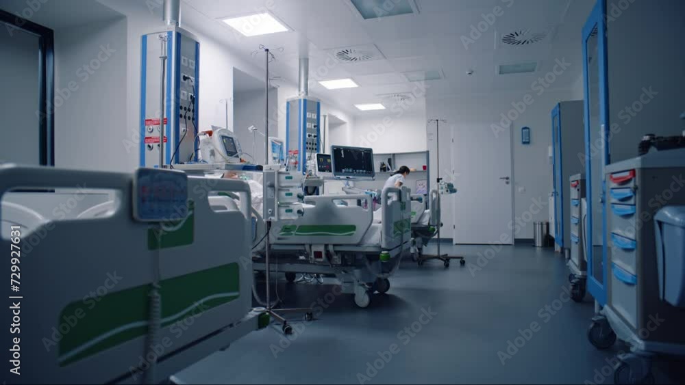 Emergency room with modern equipment in hospital. Elderly man in oxygen