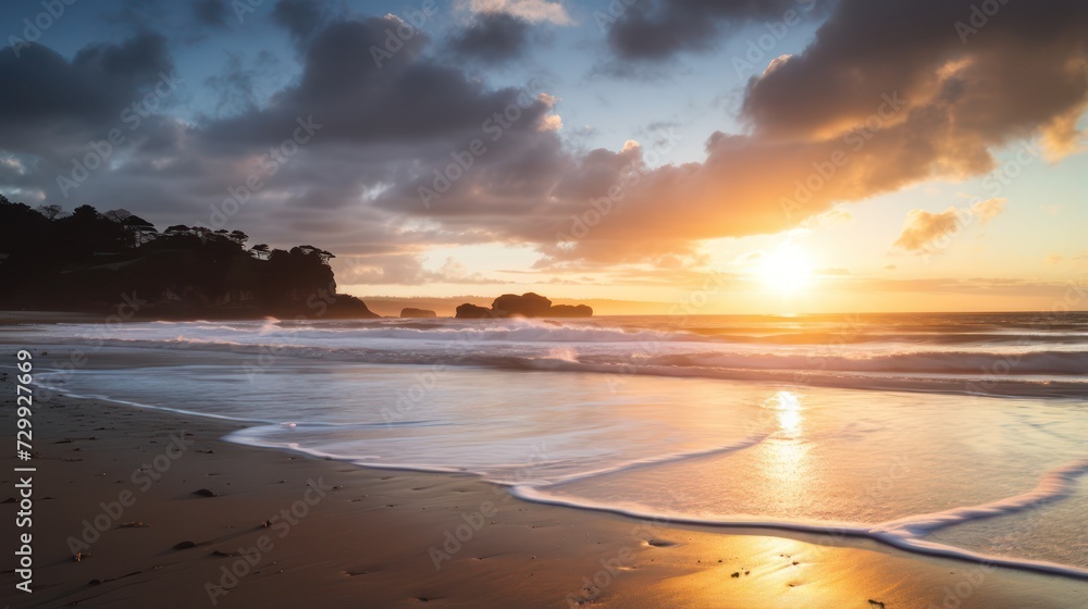 Fototapeta premium Landscape beach, clean and clear wave sea, Sunset golden light sky scene.