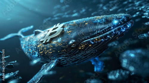 Big crypto whale with Bitcoin emblem swims in digital blue ocean, concept of big market players that own large amounts of cryptocurrency and can influence the price