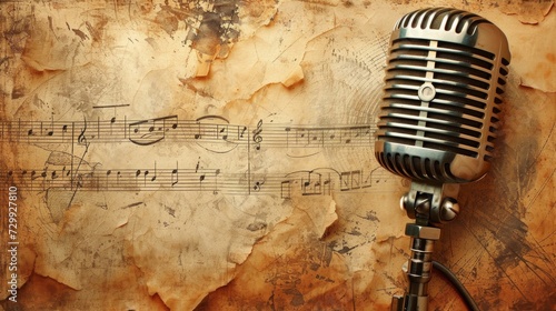 Vintage Melodies: Retro microphones and music notes adorning a sepia-toned,