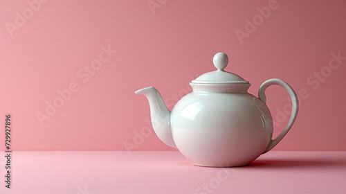 A white ceramic teapot on a soft pink background.